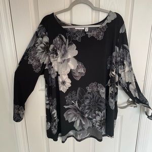 Susan Graver Printed Foiled Liquid Knit Top with Peplum Back